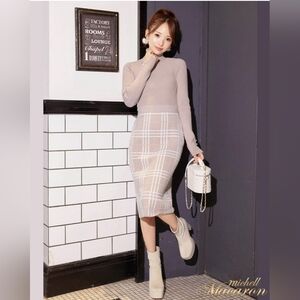 Michelle Macaron Turtle Neck Checkered Long Sleeve Dress